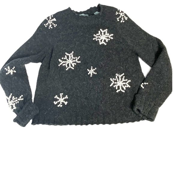 Marsh Landing Hand Knit Crew Snowflake Wool Blend Sweater Charcoal Gray M - Picture 6 of 12